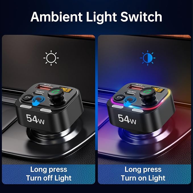 Syncwire Bluetooth 5.4 FM Transmitter Car Adapter 54W with Light Switch | [Stronger Dual Mics] [HiFi Bass Sound] [Fast Charging] Wireless Radio Receiver Hands-Free Calling LED Display