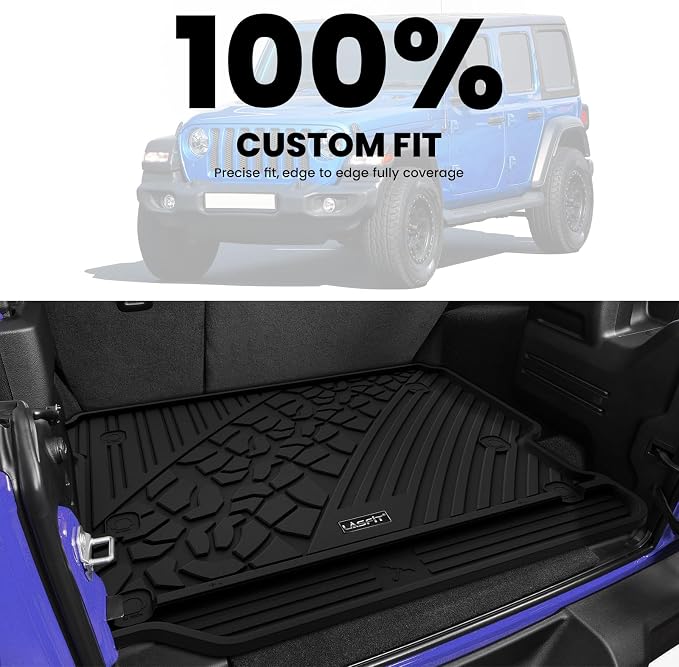 LASFIT Cargo Mat for Jeep Wrangler JL 2018-2026 4 Doors Without SUBWOOFER | Not for JK/Not PHEV/Not 2-Door, All Weather, TPE, Custom Fit, Trunk Mat, for Flat Load Floor, Gas Type, Black