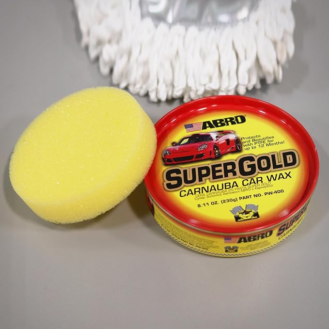 ABRO Super Gold Carnauba Car Wax - Long-Lasting Protection & High Gloss Shine, Car Wax Paste for Cars, Motorcycles, Boats, Safe on All Paint Finishes, Includes Sponge, 8 oz, Pack of 2