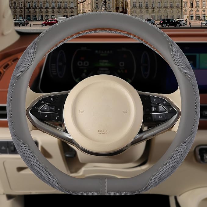 Nappa Leather Grey D Shaped Steering Wheel Cover 15 inch | Non-Slip Breathable Microfiber Leather Ice Silk Fabric, Warm in Winter and Cool in Summer Universal 14.5 inch to 15 inch
