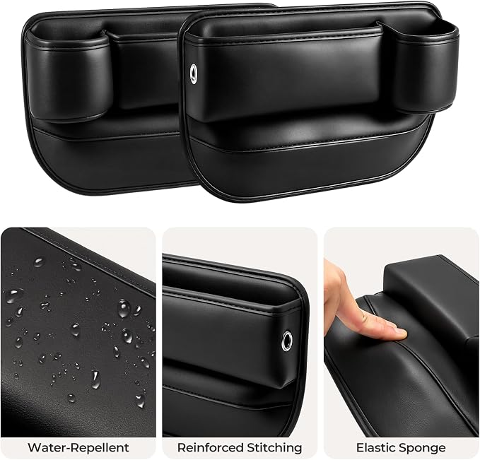 Universal Fit Car Seat Gap Filler Organizer | Extra Storage Organizer with Cup Holder | Easy Access | Premium Leather | Black | 2 Pack