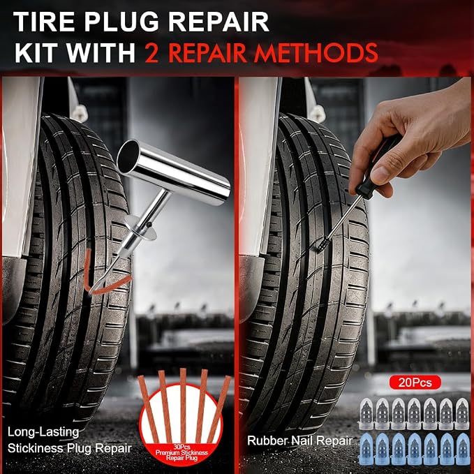 77Pcs Tire Plug Kit, Heavy Duty Tire Repair with Rubber Nails, Screw Plugs, T-Handle, Professional Fix a Flat Puncture Patch Tools Kit for Car, Motorcycle, Truck, UTV, ATV & Lawn Mower Tubeless