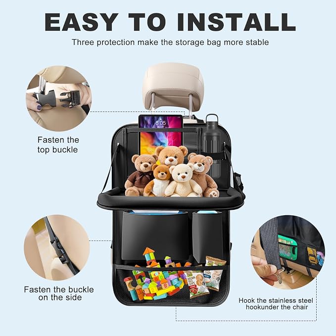 2Pack Car Backseat Organizer with Foldable Table Tray,6 Storage Pockets Car Storage Organizer with Tablet Holder,Car Seat Back Protectors Kick Mats Travel Accessories (Black)