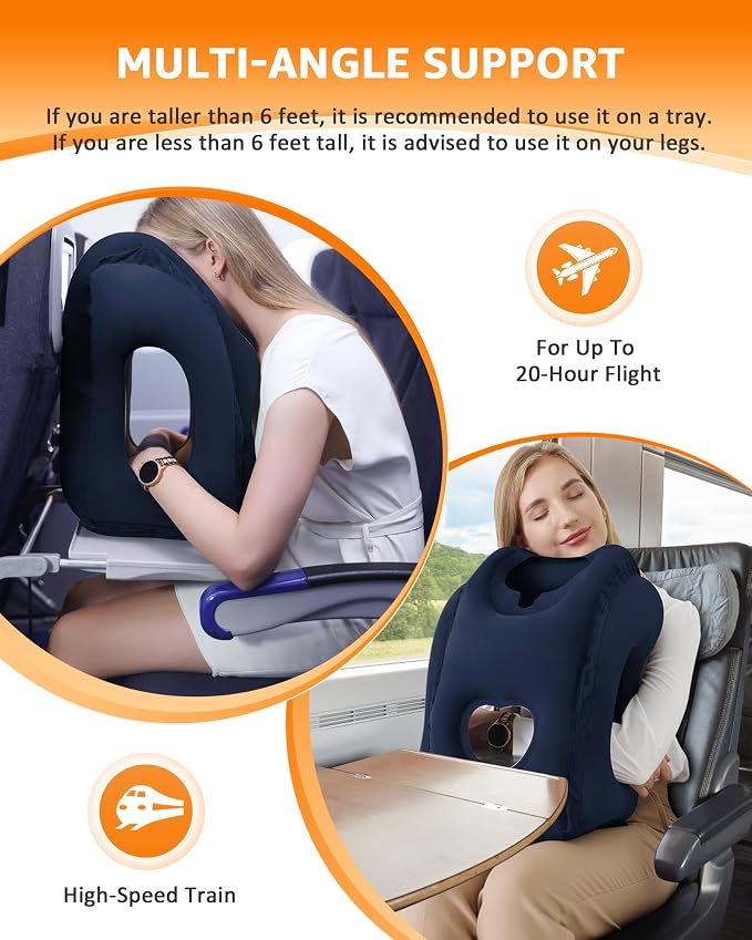Sunany Travel Pillow, Inflatable Neck Pillow Used for Airplanes/Cars/Buses/Trains/Office Napping with Eye Mask/Earplugs (Blue)