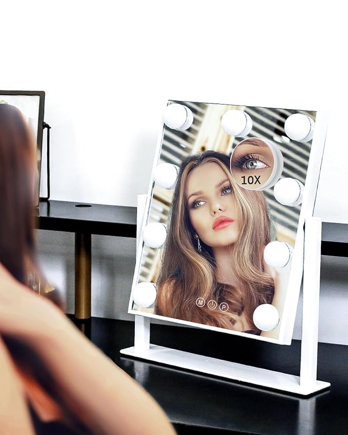 BWLLNI Lighted Makeup Mirror Hollywood Mirror Vanity Mirror with Lights, Touch Control Design 3 Colors Dimable LED Bulbs, Detachable 10X Magnification, 360°Rotation, (White) 12" L x 14" W