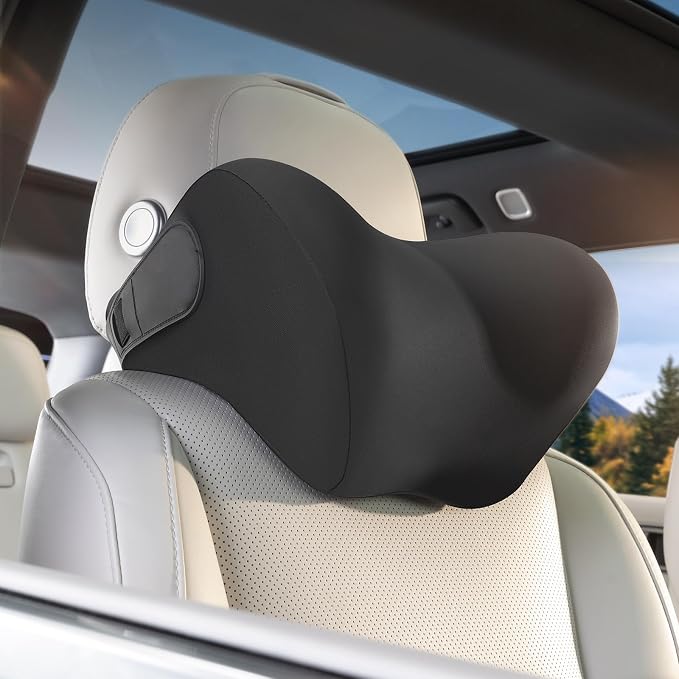 BEBAS Car Headrest Pillow, Memory Foam Neck Support Pillow for Cars - Ergonomically Designed for Long Drives, Travel & Commuting, Pain Relief with Removable & Washable Cover (Black)