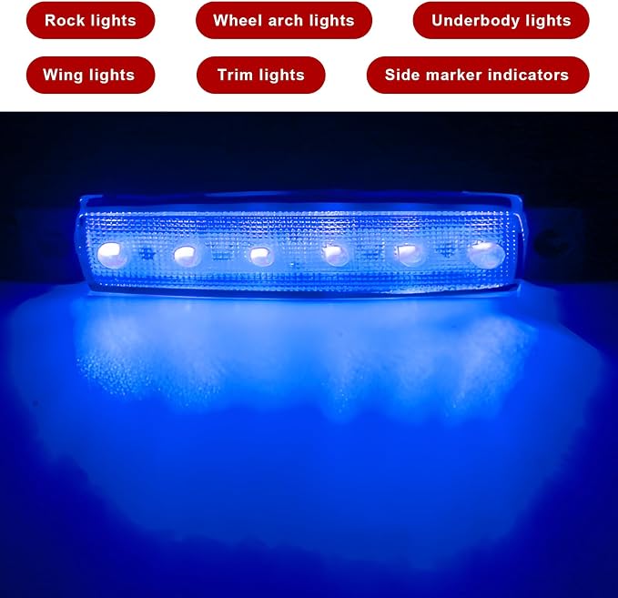 10 PCS Car LED Rock Strip Lights, 3.8" 6 LED Shockproof Thin Line Side Marker Clearance Light, Waterproof Exterior Underglow Wheel Fender Well Lighting Kit for Most Vehicles (Blue)