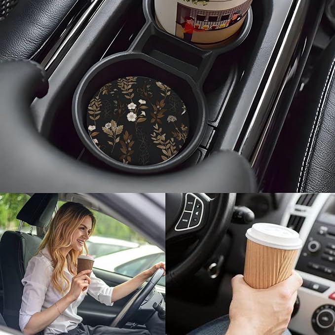 Ceramic Car Cup Coasters 2PCS - Little White Flower | with Cork Back & Finger Slot, Anti-Slip Shock Absorbing, Universal Car Interior Accessories for Men Women