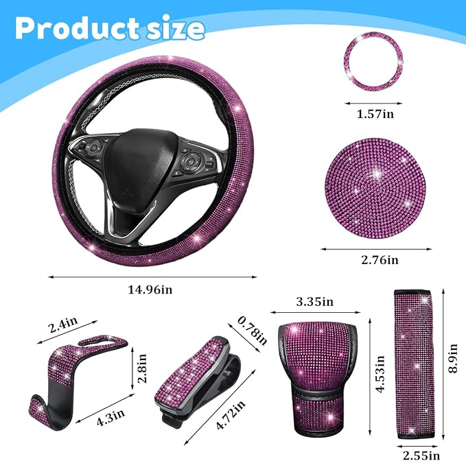 8PCS Bling Car Accessories Set, Sparkly Rhinestone Vehicle Steering Wheel Seat Belt Gear Shift Start Stop Button Cover, Diamond Auto Cup Holder Coaster Decoration, Universal Fit (Pink)