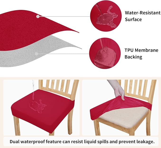 Easy-Going 100% Waterproof Seat Covers for Dining Room Chairs Set of 8, Stretch Chair Seat Slipcovers Protector Removable and Washable Kitchen Dining Chair Covers, Christmas Red