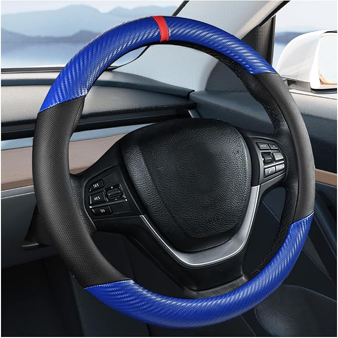 Carbon Fiber Car Steering Wheel Cover, Leather Breathable Automotive Wheel Protector, 15 Inch Anti-Slip Vehicle Interior Steering Accessories, Universal for SUV Truck Sedan (Blue)