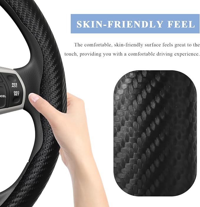 Steering Wheel Cover, 15 Inch Anti-Slip Breathable Steering Wheel Protector Auto Interior Decor, Heat-Resistant Comfort Grip Wheel Cover Universal for Most Cars Trucks SUVs (Carbon Fiber Black)