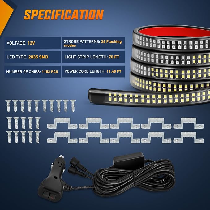 Nilight 2PCS 70 Inch Emergency Strobe Light Strip 1125 LED Running Board Lights Green White Flexible Side Flashing Warning Caution Safety Waterproof for Truck Construction Vehicles Pickup
