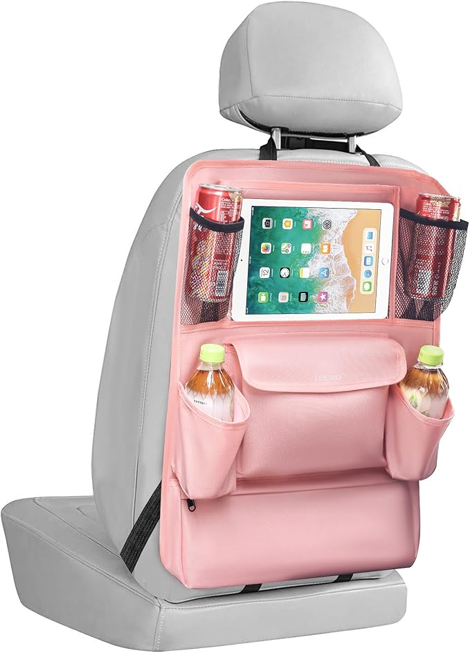LUCMO Car Backseat Organizer with Touch Screen Tablet Holder, Pink | 9 Storage Pockets,Clear Tablet Holder,Protectors Kick Mats,Travel Accessories,Seat Cover,Road Trip Essentials