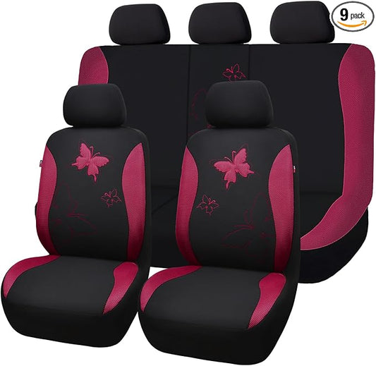 Flying Banner Butterfly car seat Covers ful Set Fashion Universal Lady Woman Female Rear Bench Split Colorized (Full Set - Lace, Burgundy)