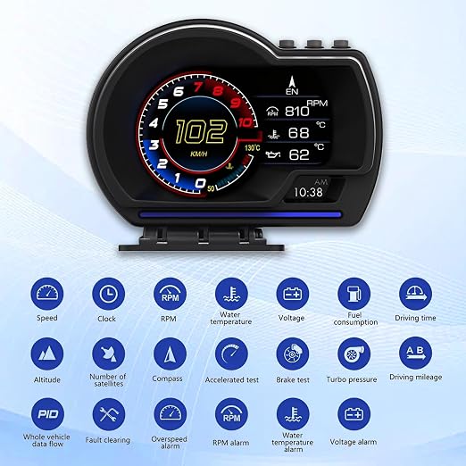 OBD2 GPS Dual System Car HUD Display - Digital Speedometer with Water Temp Voltage RPM - Universal Heads Up Display for Most Vehicles