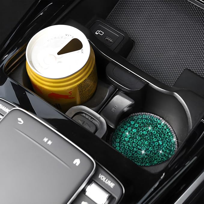 Bling Car Cup Holder Coaster, 2PCS 2.75 Inch Crystal Rhinestone Anti Slip Vehicle Drink Cup Mat for Women Girls, Auto Interior Embedded in Ornaments. Universal for SUV RV Truck (Light Green)
