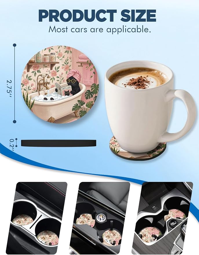 WOCOCN Car Coasters for Cup Holders - 2 Pack 2.75" Universal Rubber Car Cup Coaster, Non-Slip Waterproof Car Interior Accessories, Cute Car Decor Gifts for Women and Men (Bathing Cat)