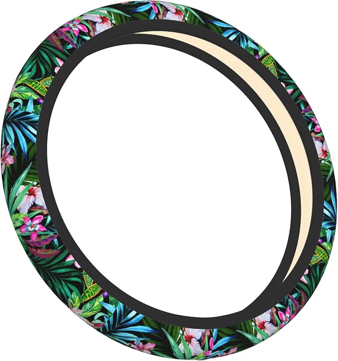 Tropical Car Steering Wheel Cover for Women Frangipani Hibiscus Palms 14-15 Inch Stretch Cloth Anti-Slip Wrap Protector Case Fit Universal Auto Accessories Decor Sweat Absorption (No Tools Needed)