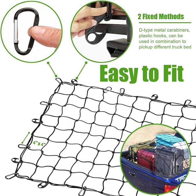 4' x 6' Cargo Net for Pickup Truck Bed Stretches to 6' x 12' Heavy Duty Roof Rack Cargo Bungee Mesh Netting with Hooks Carabiners for Ford Chevy Dodge Ram Toyota