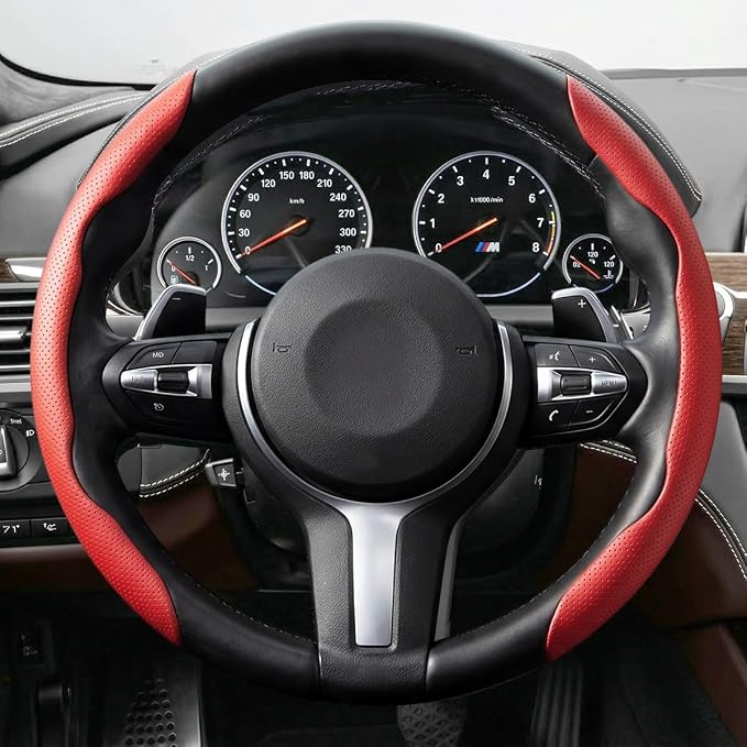 2PCS Car Steering Wheel Cover, 14.5-15" Breathable Nappa Leather Segmented Steering Wheel Protector with Non-Slip Grip, Stylish Auto Interior Decor Accessories, Universal for Vehicles (Red)