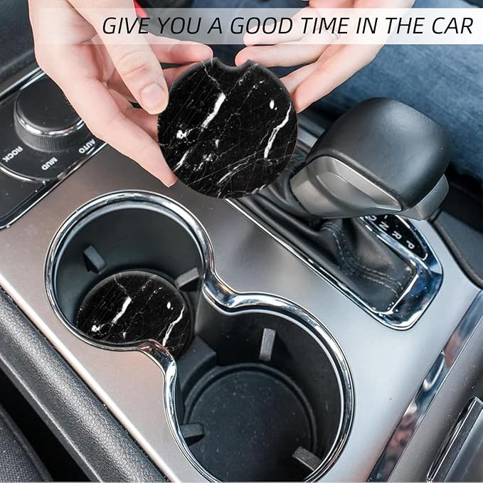 Cup Holder for Car,Black Marble Clean Style Ceramic Coasters Non-Slip Cup Holder Insert with Fingertip Grip, Auto Interior Accessories for Women & Men,Pack of 2, 2.56In
