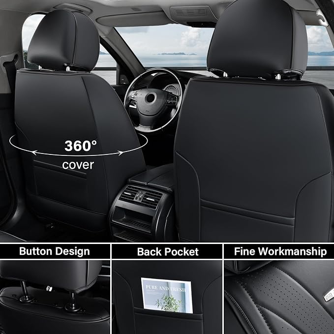 Coverado Car Seat Covers, 5 Seats Black Seat Covers for Car, Luxury Faux Leather Seat Cover, Front and Back Seat Cover, Waterproof Car Seat Protector, Universal Car Seat Cushions Fit for Most Vehicles