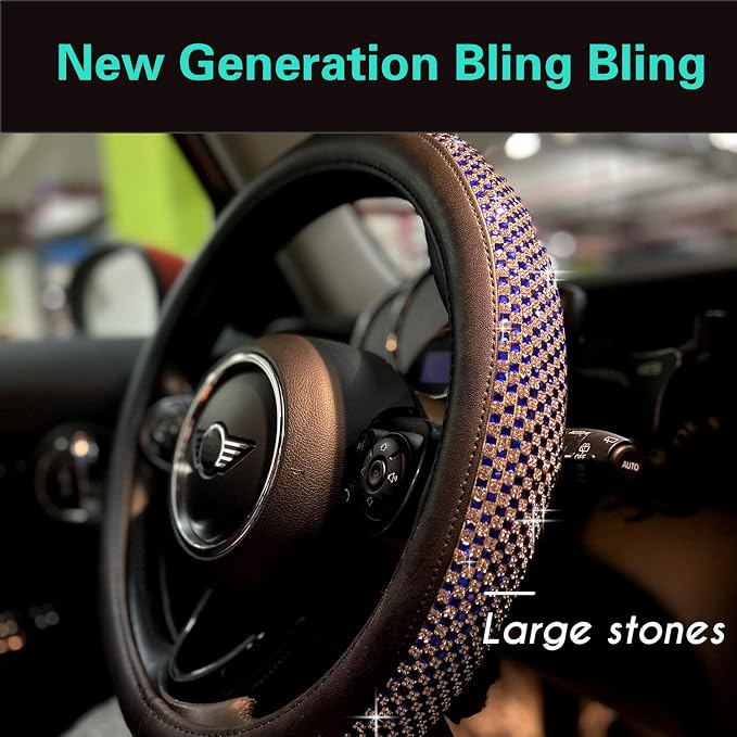 PINCTROT Bling Bling Comfy Steering Wheel Cover with Jumbo Crystal Rhinestones, Anti-Slip Diamond Leather, Universal 15 Inch (Blue)