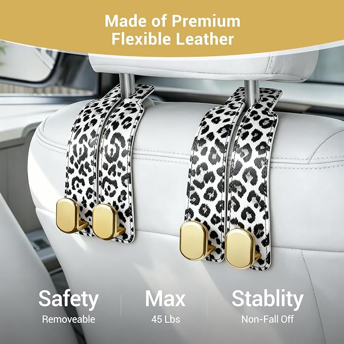 2 Pack Purse Hook for Car Headrest, Car Seat Back Storage Hook for Purses and Bags, Car Back Seat Headrest Purse Holder, Hanger Storage Organizer (Black Leopard)