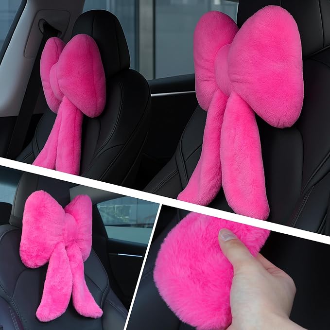 Macarrie 2 Pcs Rose Red Car Neck Pillow Plush Butterfly Bow Car Headrest Pillow Comfortable Seat Neck Support Cute Head Rest Accessories for Driving Travel Driver Chair Girl Interior Decor(Solid)