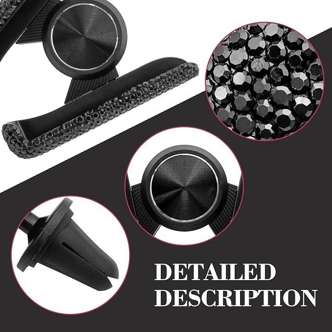 Bling Rhinestone Car Phone Holder, Mini Universal 360° Adjustable Auto Mount For Dash & Air Vent, Crystal Car Accessories For Women & Girls (Black)