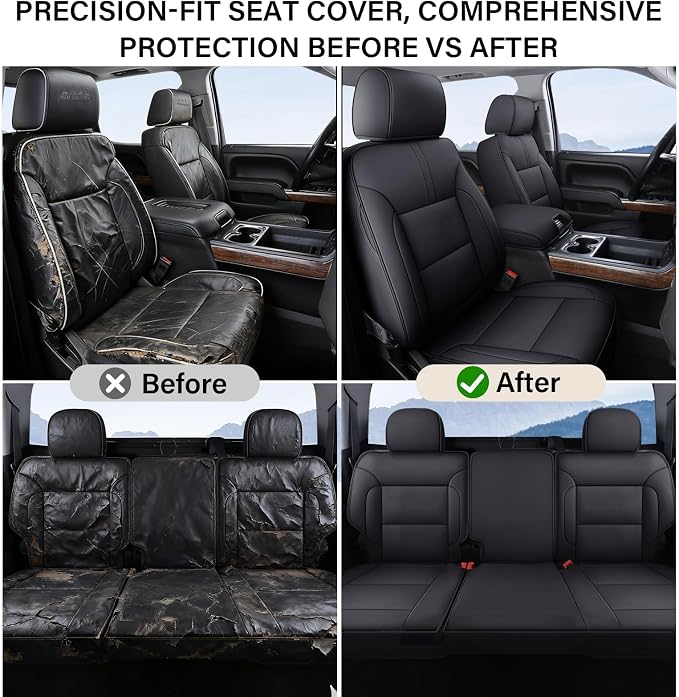 Coverado Full Set Seat Covers Faux Leather(Black) Easy Install,Waterproof, Custom Fit Chevy Silverado/GMC Sierra (2007-2013/2019-2025 1500; 2020-2025 2500HD/3500HD) Crew/Double/Extended Cab