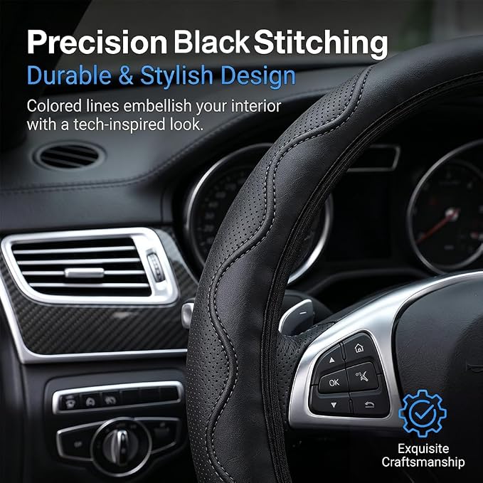 Elastic Steering Wheel Cover Black Leather Universal 14-15 inch | Car Steering Wheel Covers Stretch Microfiber Breathable Anti-Slip Durable Without Inner Ring Steering Wheel Accessories