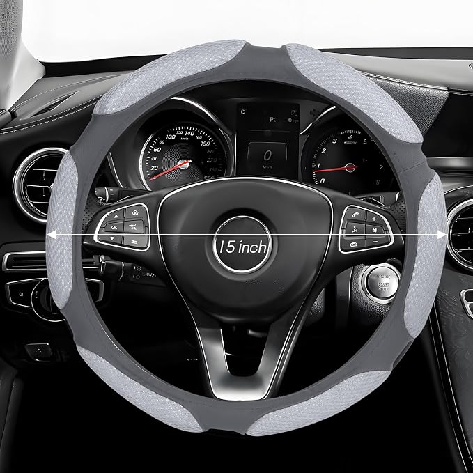 Wuyaoyao Car Steering Wheel Cover, 15 Inch PU Leather Anti-Slip Steering Wheel Covers Protector with Soft Hand Pad Cushion, Breathable & Comfortable, Universal Interior Car Accessories (Gray)