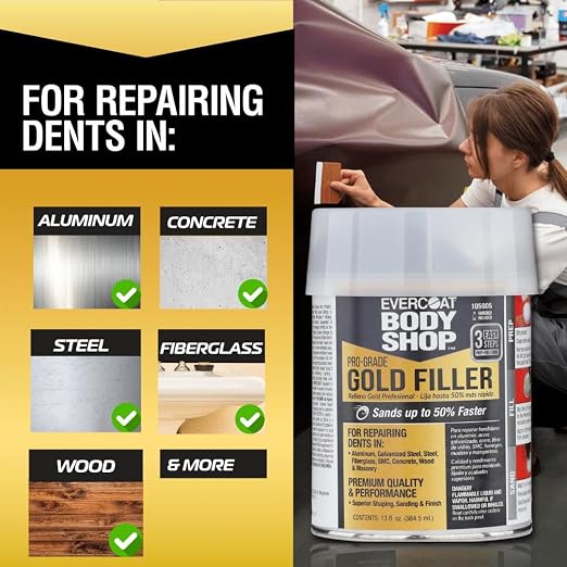 Evercoat Body Shop 105005 Pro-Grade Gold Filler Sands up to 50% Faster, Multipurpose for Dents in Aluminum, Fiberglass & More, Easy Mix Hardener Included 13 Fl Oz.