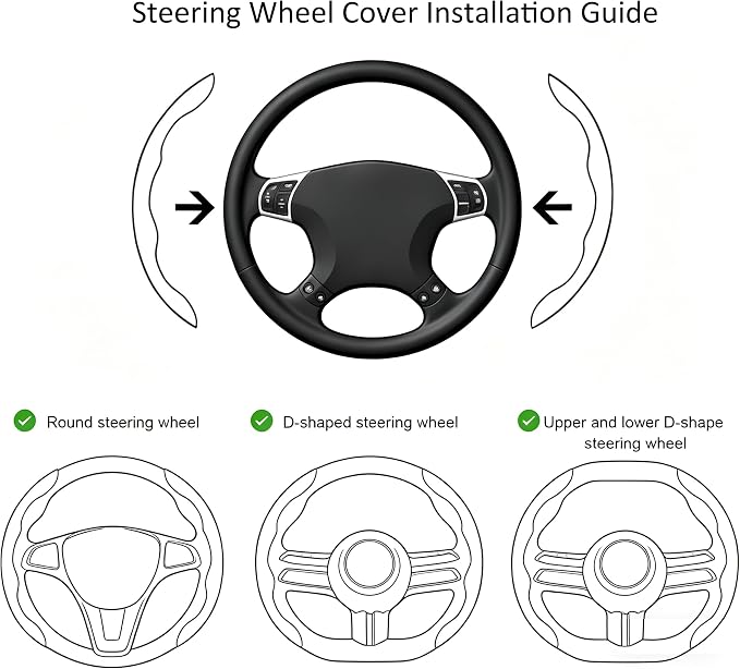 Car Steering Wheel Cover, O/D Shape, Nappa Leather, Segmented, Anti-Slip, Odorless, Breathable, for Men & Women, 14-15inch (Black)