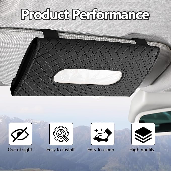 Wuyaoyao Car Tissue Holder, Auto Sun Visor Napkin Holder Mask Holder, Premium PU Leather Car Tissue Holder Visor Tissue Dispenser, Universal Sun Visor Tissue Box for Most Vehicle (Plaid-Black)