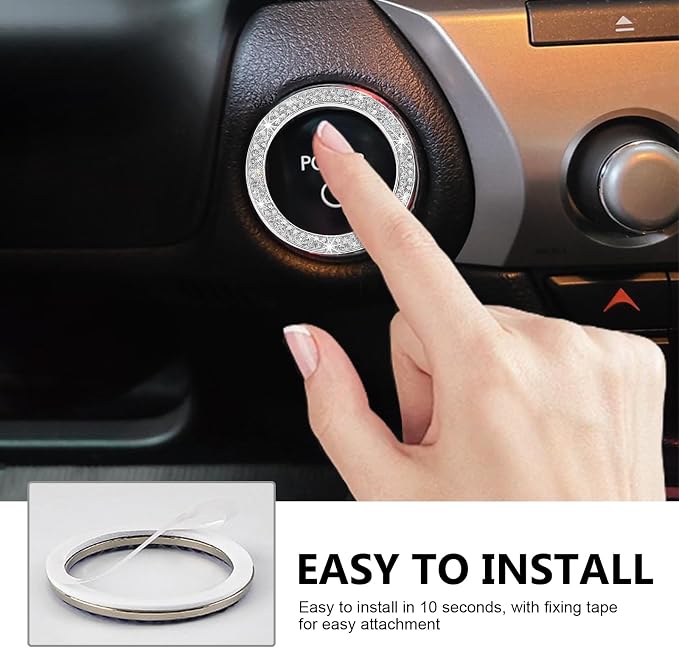 2PCS Car Engine Start Decoration Ring, Bling Crystal Double Rhinestone Push to Start Button Cover Sticker, Car Interior Accessories for Women, Fit for Key Ignition Knob Ring Decoration(White)
