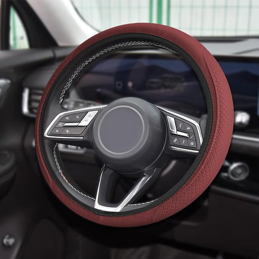 Car Steering Wheel Cover, Universal 14.5-15 Inch Wine Leather Steering Wheel Wrap with Better Sport Grip for Men Women, Anti-Slip Breathable Car Interior Accessories for Most Vehicles (Wine red2)