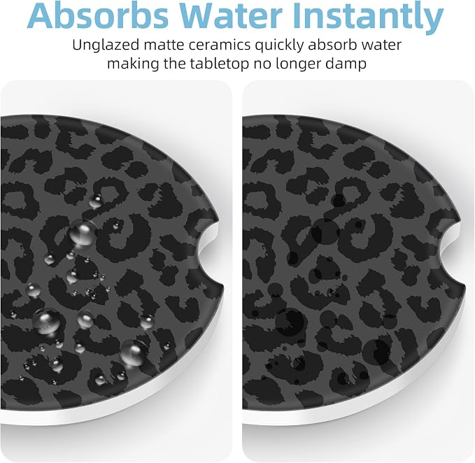 2 Pack Car Coasters for Cup Holders, 2.56" Universal Absorbent Ceramic Stone Car Cup Holder Coasters with Non-Slip Cork Base,Car Interior Accessories for Women Men(Black Leopard Cheetah Print)