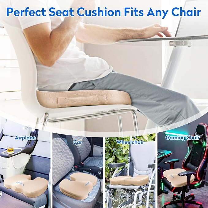 CushZone Seat Cushion, Office Chair Cushions, Car Seat Cushion, Non-Slip Sciatica & Back Coccyx Tailbone Pain Relief Chair Pad, Memory Foam (Khaki)