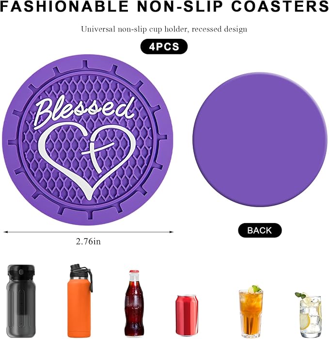 4 PCS Car Cup Holder Coaster, 2.76 Inch Soft PVC Non-Slip Blessed Cross and Heart Christian Car Cup Coasters, Auto Interior Shockproof Insert Drink Mat for Most Vehicles (Dark Purple)