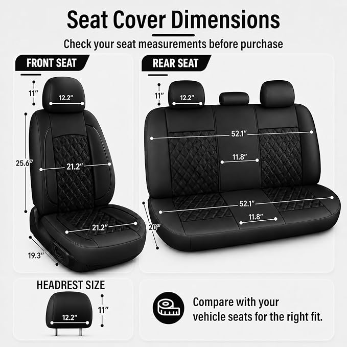 HChengkikz Car Seat Cover, Waterproof Nappa Leather (Black) | Breathable, Airbag compatible, Easy to Install, Universal Fit for Most Cars, Sedans, SUVs, Vans, Trucks