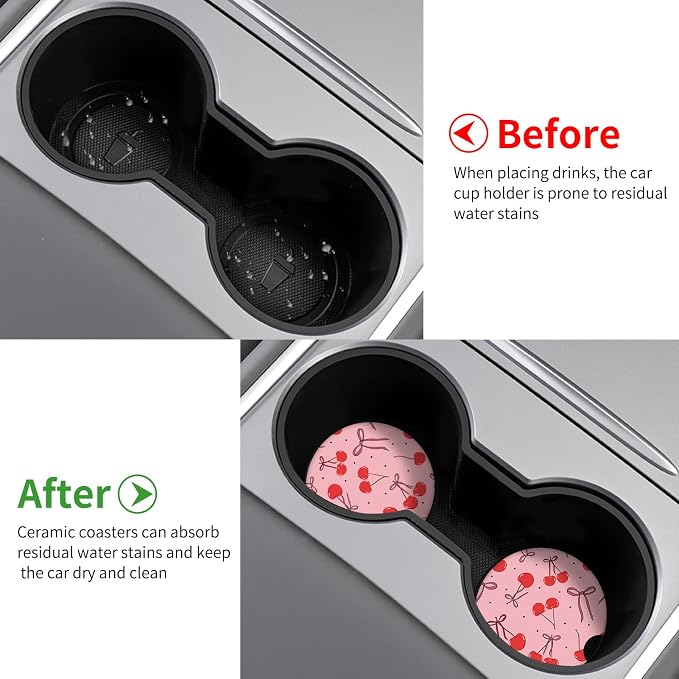 Cute Cherry Car Coasters,Absorbent 2 Pack for Cup Holders with Finger Notch,2.56 inches Ceramics Heat Resistant Anti Slip Cork Base Car Drinks Coasters Auto Cup Holder