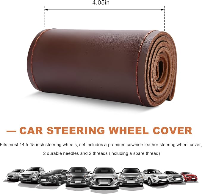 Genuine Leather Steering Wheel Cover, 15 Inch Stitch on Wheel Wrap with Needles & Threads, Breathable Steering Wheel Protector DIY Sewing Wrap for Car Truck SUV (Coffee, Glossy)