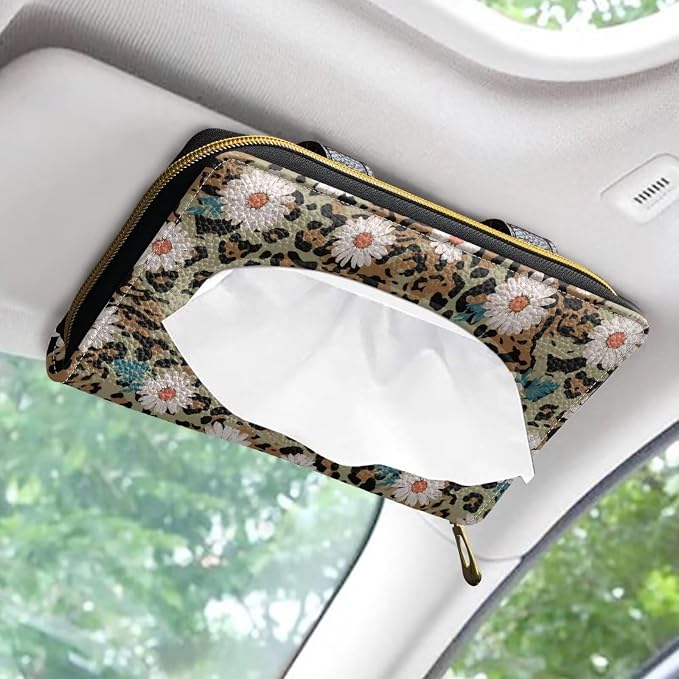 Leopard Daisy Tissue Box Sun Visor Tissue Holder Car Visor Napkin Holder with Back Clip Easy to Install Car Decoration