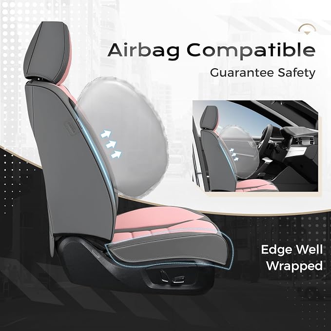 Coverado Car Seat Covers Full Set, Nappa Leather Seat Covers for Cars, Car Seat Protector Car Seat Cushion, Front and Back Seat Protectors Cushions Universal Fit for Most Cars Vehicles(Gray&Pink)