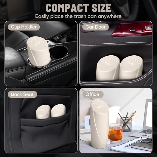 Car Trash Can Bin with Lid - Car Garbage Can Cup Holder - Light Beige Mini Leakproof Vehicle Garbage Bin with 20pcs Trash Bags-Automotive Organizers and Storage for Front Back Seat Accessories
