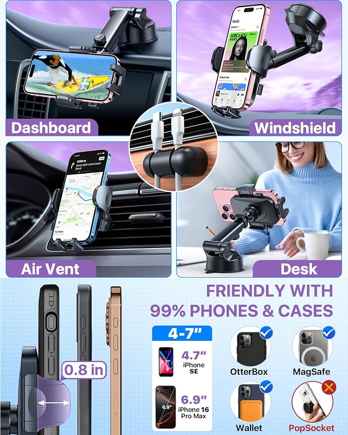 HTU 2026 Ultimate Best【True Military-Grade & Safety Cert】 Car Phone Holder | 【Upgrade 360 Rotation & 100LBS Strongest Suction】5-in-1 Truck Windshield Dashboard Vent Mount Stand for iPhone Android,Purple