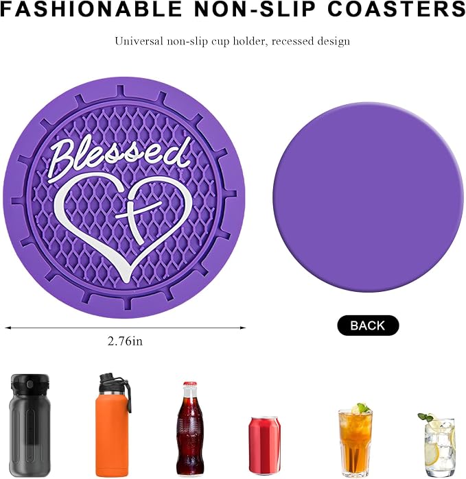 2 PCS Car Cup Holder Coaster, 2.76 Inch Soft PVC Non-Slip Blessed Cross and Heart Christian Car Cup Coasters, Auto Interior Shockproof Insert Drink Mat for Most Vehicles (Dark Purple)